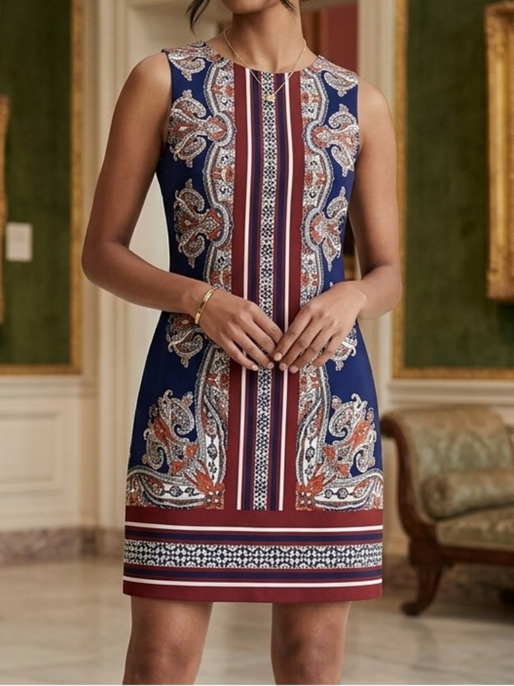 Artisan NY Navy Blue Burgundy Paisley Border Print Sleeveless Shift Dress 6